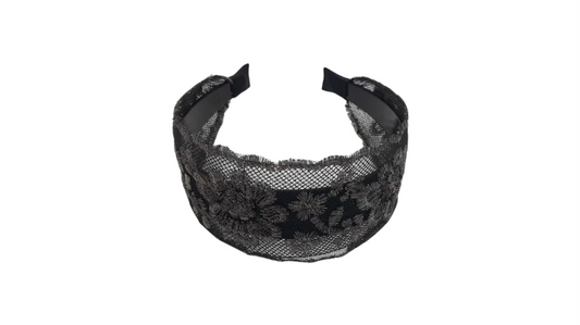 Coroniță de păr din dantelă florală pe plasă fină, culoare neagră