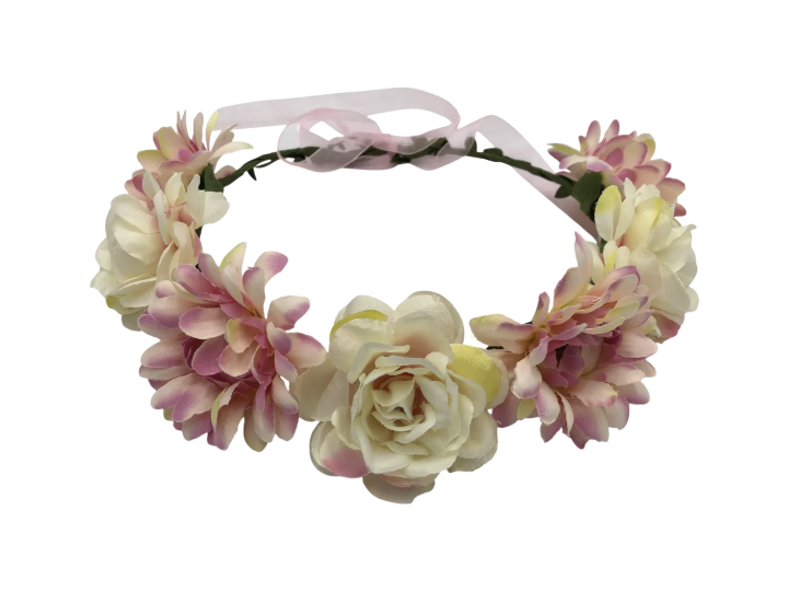 Coroniță de păr florală, model cu panglică ajustabilă, culoare crem-roz pudrat