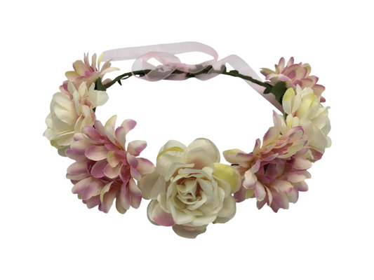 Coroniță de păr florală, model cu panglică ajustabilă, culoare crem-roz pudrat