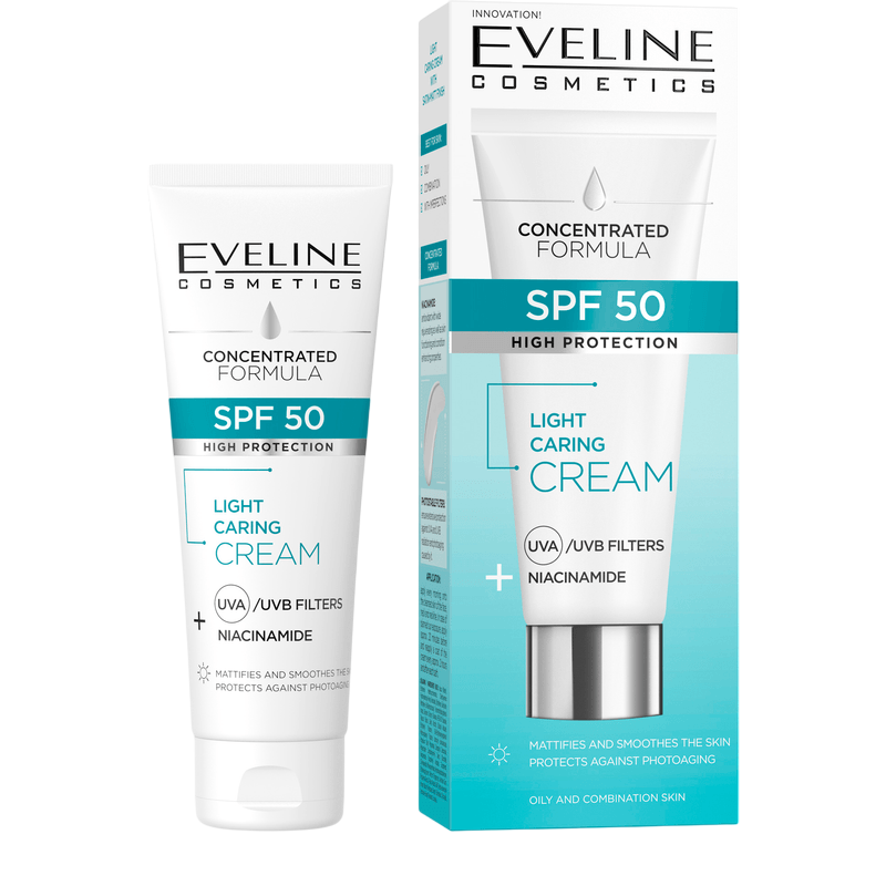 Cremă de față pentru tenul mixt și gras Light Caring 50 SPF, 30 ml, Eveline Cosmetics