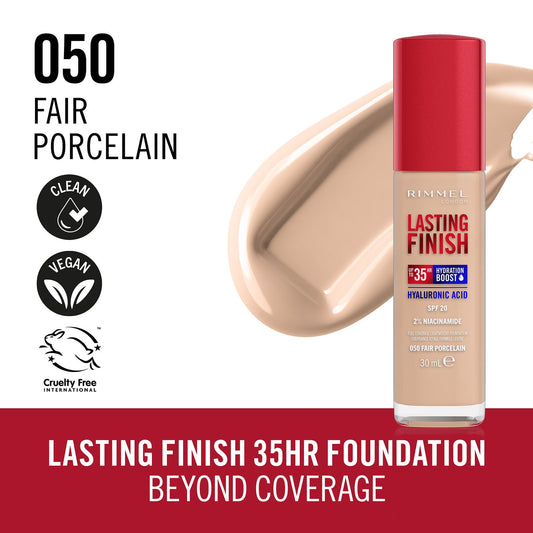 Fond de ten Lasting Finish 35H Hyaluronic Acid SPF20, N.050 Fair Porcelain, 30 ml, Rimmel London