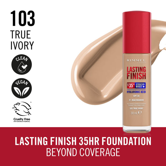 Fond de ten Lasting Finish 35H Hyaluronic Acid SPF20, N.103 True Ivory, 30 ml, Rimmel London