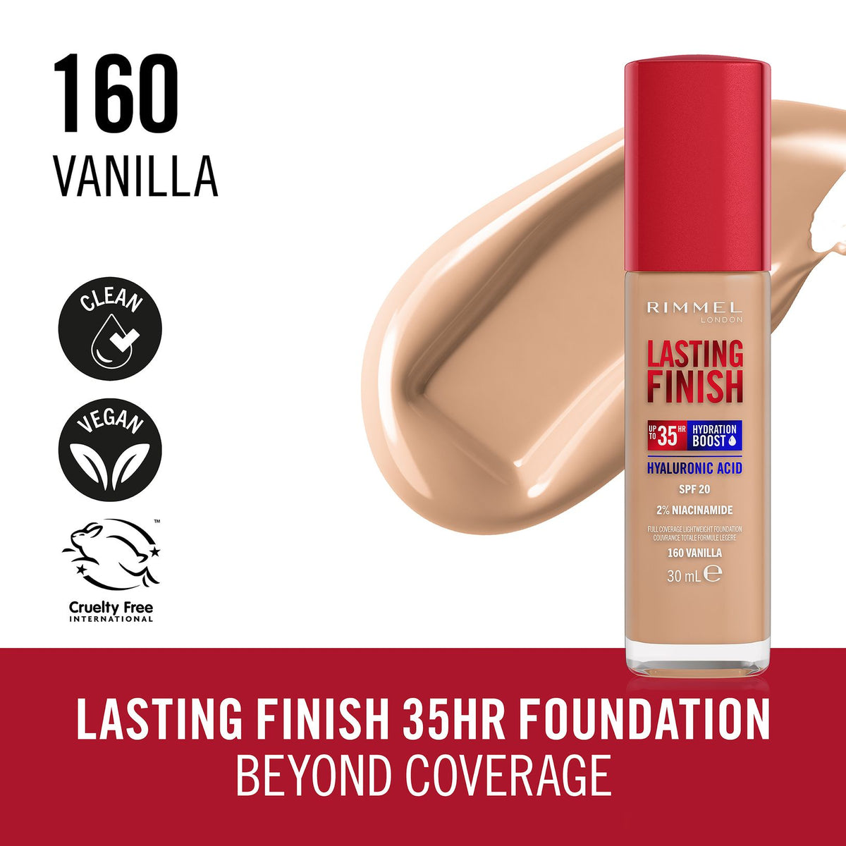 Fond de ten Lasting Finish 35H Hyaluronic Acid SPF20, N.160 Vanilla, 30 ml, Rimmel London