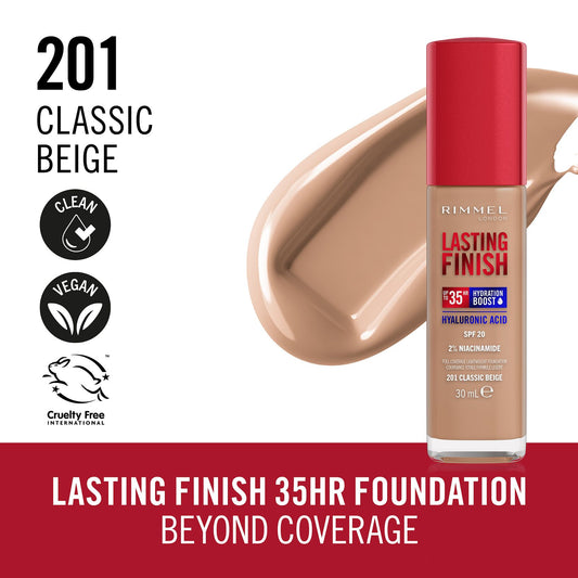 Fond de ten Lasting Finish 35H Hyaluronic Acid SPF20, N.201 Classic Beige, 30 ml, Rimmel London