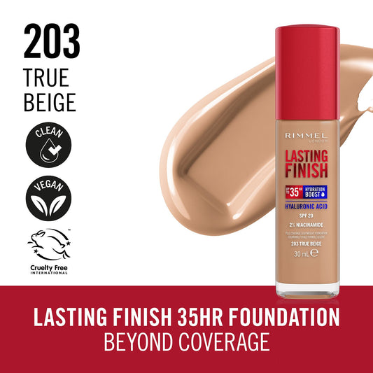 Fond de ten Lasting Finish 35H Hyaluronic Acid SPF20, N.203 True Beige, 30 ml, Rimmel London