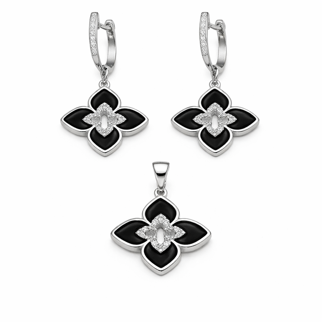 Set din argint 925 „noir blossom”, cercei și pandantiv, COD S439