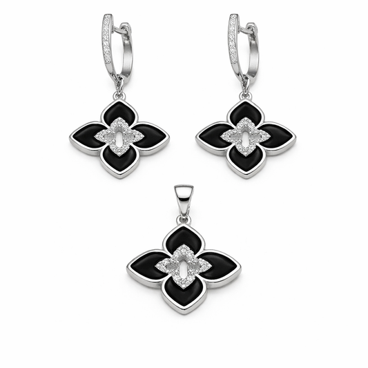 Set din argint 925 „noir blossom”, cercei și pandantiv, COD S439