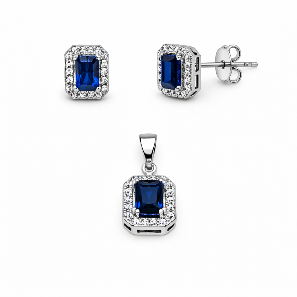 Set din argint 925 „royal emerald cut”, cercei și pandantiv, COD S232
