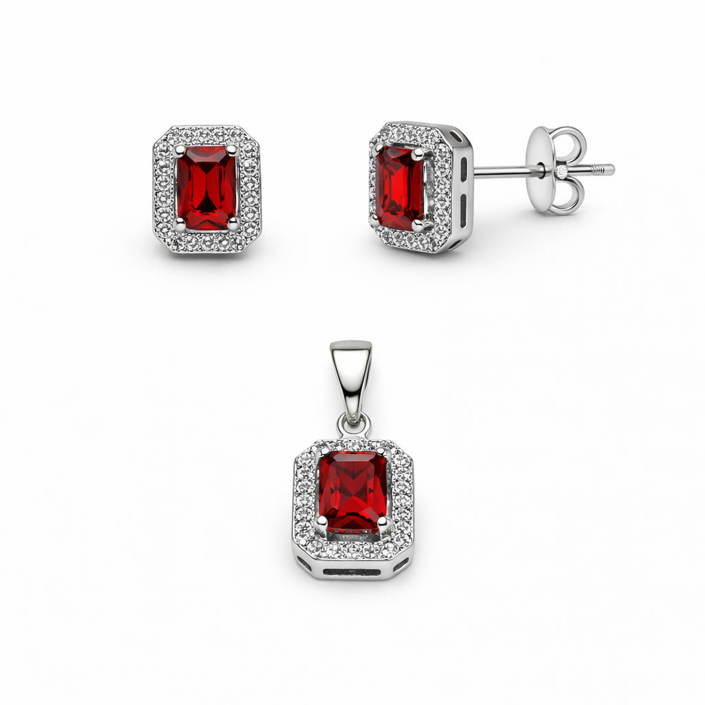 Set din argint 925 „ruby emerald cut”, cercei și pandantiv, COD S439