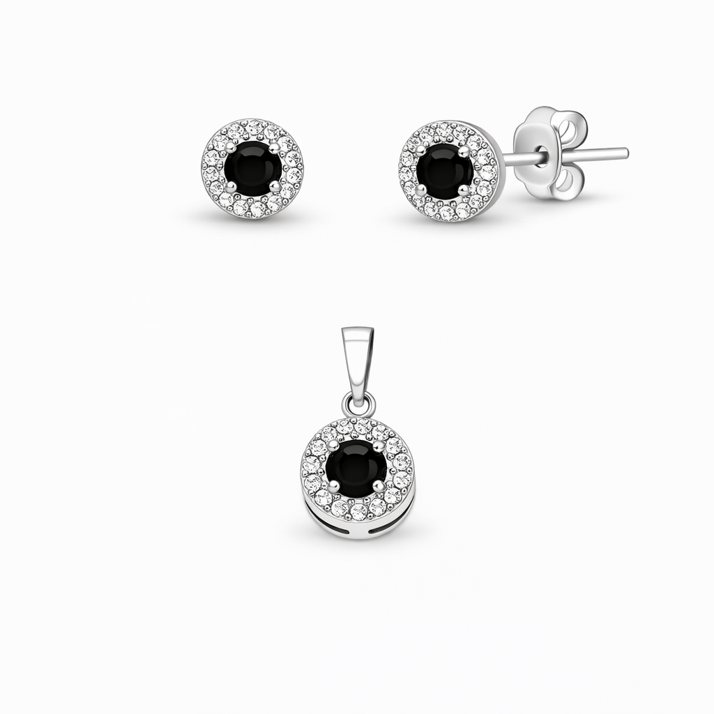 Set din argint 925 „black velvet halo”, cercei și pandantiv, COD S226
