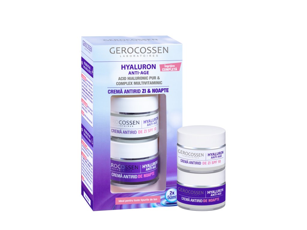 Set creme antirid Hyaluron Anti-Age, de zi și de noapte, 2 x 50 ml, Gerocossen