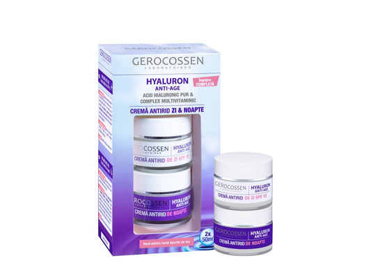 Set creme antirid Hyaluron Anti-Age, de zi și de noapte, 2 x 50 ml, Gerocossen