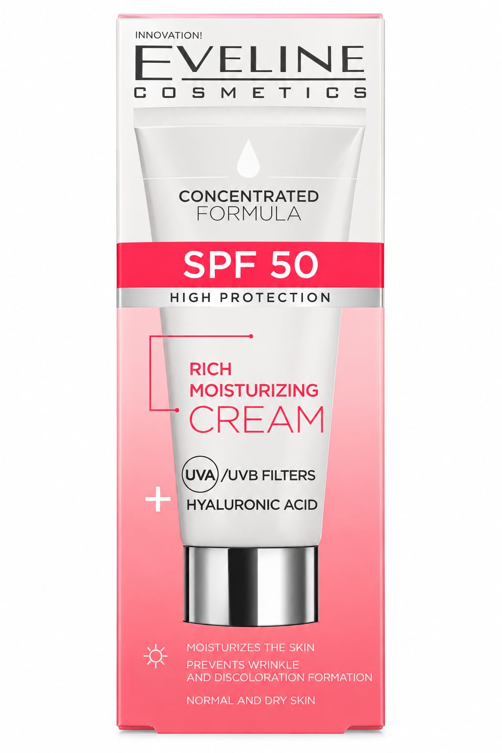Cremă hidratantă Eveline SPF 50 – ten normal și uscat,30 ml