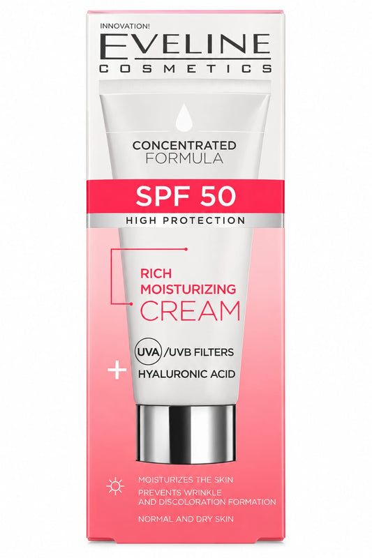 Cremă hidratantă Eveline SPF 50 – ten normal și uscat,30 ml