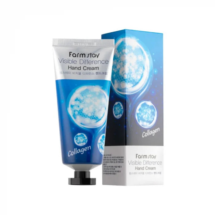 Cremă pentru mâini hidratantă Farmstay Visibile Difference Hand Cream Collagen cu Colagen, extracte de Ceai Verde (Green Tea) și Rozmarin.