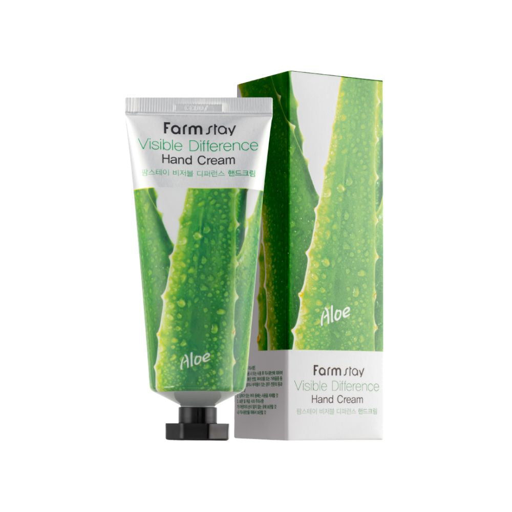Cremă pentru mâini hidratantă Farmstay Visibile Difference Hand Cream Aloe cu extracte de Aloe Vera, Ceai Verde (Green Tea) și Rozmarin.