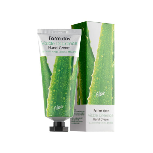 Cremă pentru mâini hidratantă Farmstay Visibile Difference Hand Cream Aloe cu extracte de Aloe Vera, Ceai Verde (Green Tea) și Rozmarin.